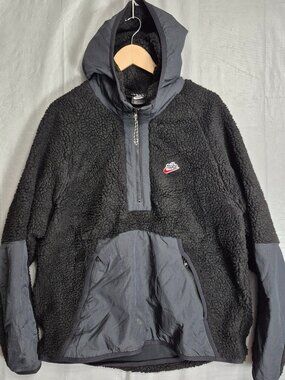 Nike Jacket Mens Large Black Heritage Sherpa Fleece Hoodie Pullover Padded